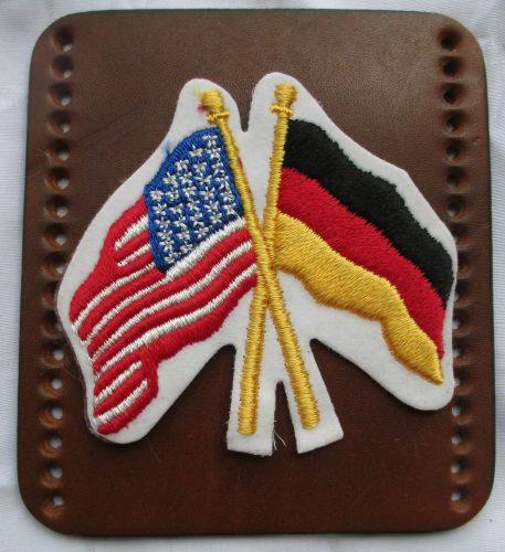 Embroidered usa / german crossed flags emblem  on large (4"x41/2") brown leather
