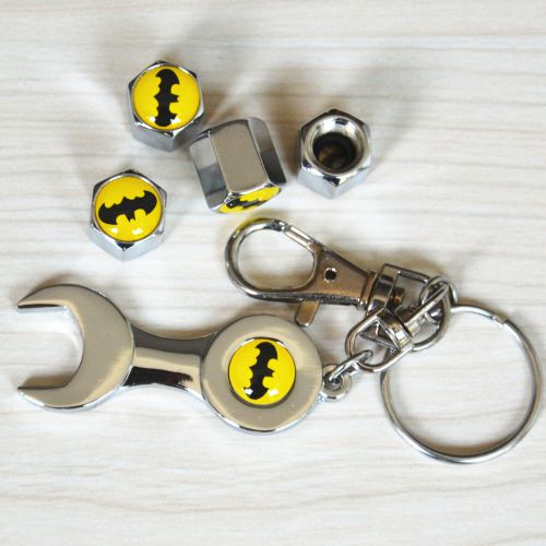 4x superheroes batman emblem logo car wheel air dust covers &amp; wrench key chain