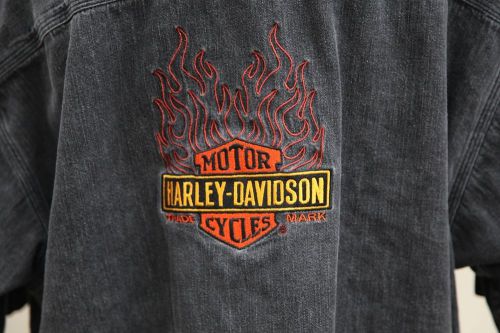 Mens harley davidson black denim shirt biker motorcycle embroidered chain tag l