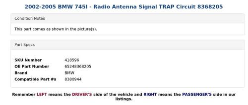 2002-2005 BMW 745I - Radio Antenna Signal TRAP Circuit 8368205, US $14.99, image 3