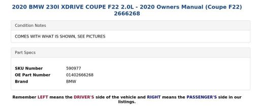 2020 BMW 230I XDRIVE COUPE F22 2.0L - 2020 Owners Manual (Coupe F22) 2666268, US $59.99, image 3