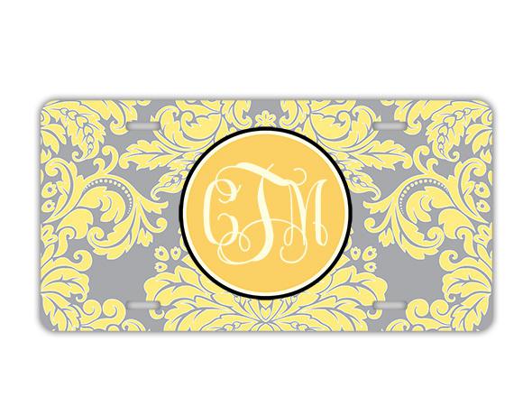 Vanity license plate - yellow and gray damask - monogrammed car tag (9587)