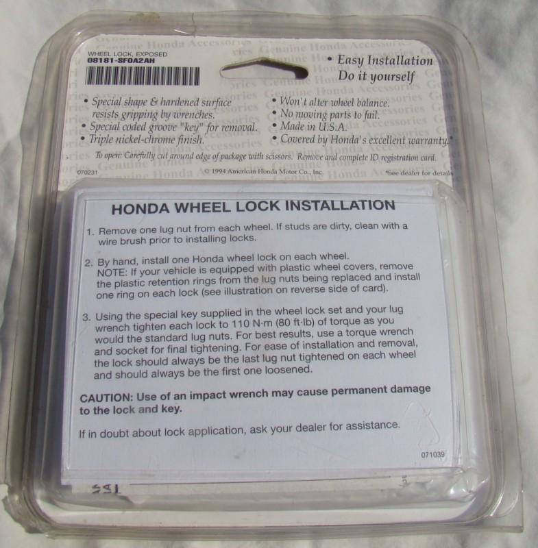 Genuine Honda Accessories Wheel Locks P/N 08181-AF0A2AH; NIP, US $6.99, image 2
