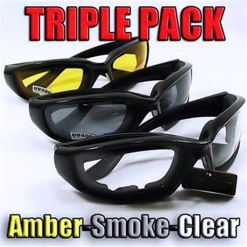 Triple pack foam padded motorcycle biker atv glasses w/smoke-clear-amber lenses