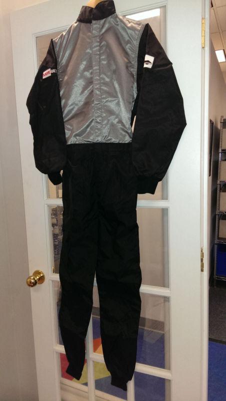 Safe-quip kart suit, size child large (14-16), black/silver