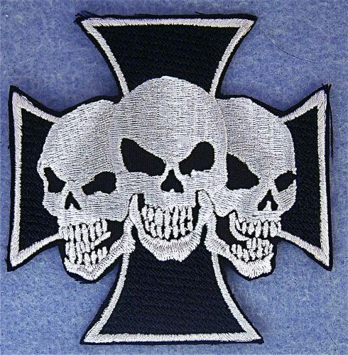 Cross &amp; three skulls 100% embroidered patch - 3 1/2&#034; w x 3 5/8&#034; h
