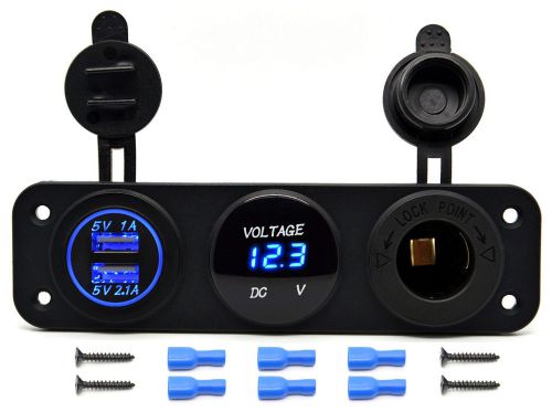 12v dual usb charger socket &amp; led voltmeter 3 hole panel outlet car boat marine