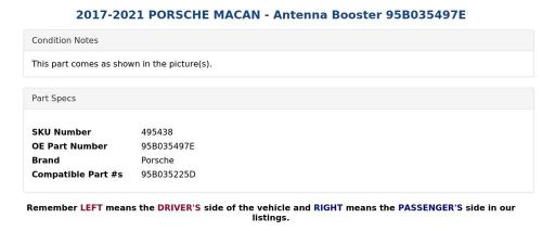 2017-2021 PORSCHE MACAN - Antenna Booster 95B035497E, US $49.99, image 2
