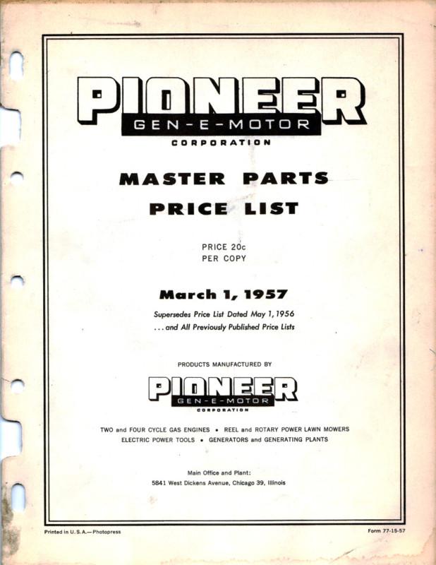 Vintage pioneer small engines 1957 master parts price list