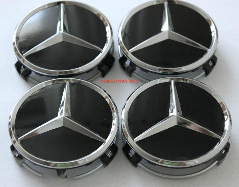 Find MERCEDES GLOSS BLACK & CHROME STAR LOGO CENTER CAPS BRAND NEW
