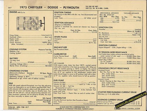 1973 dodge plymouth chrysler 440 ci / 280 hp v8 car sun electronic spec sheet