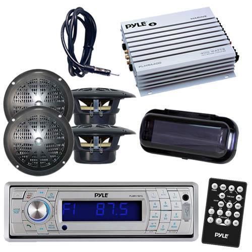 New pyle silver marine radio player &amp; bluetooth 4 speakers + amp /cover +antenna