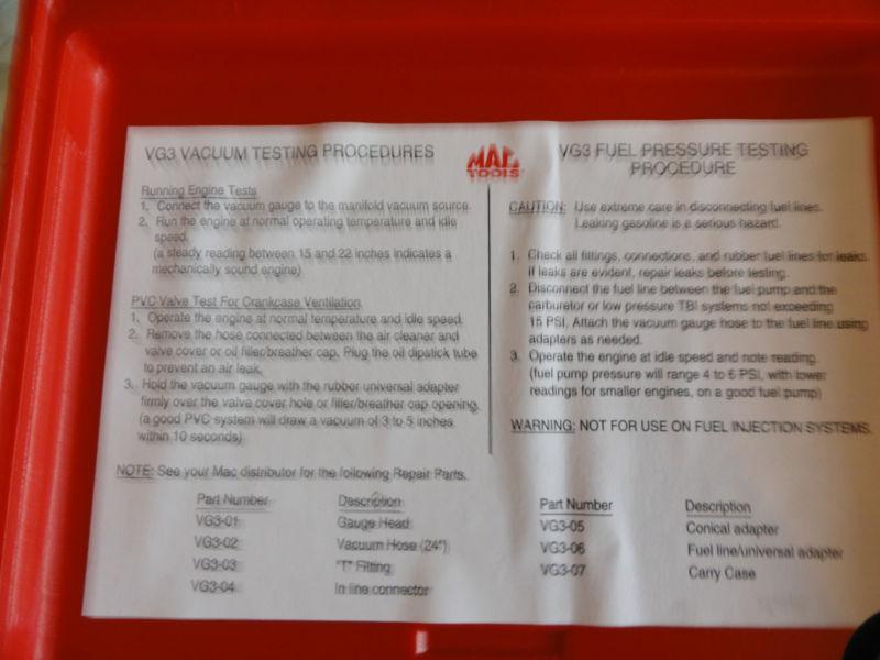 MAC TOOLS VG3 Vacuum / Fuel Pump Pressure TEST Kit , US $65.00, image 3