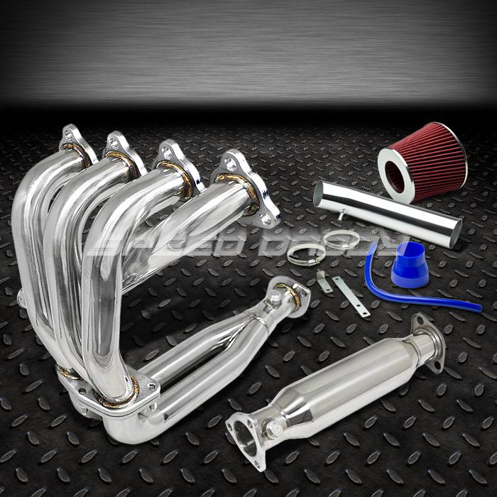 4-2-1 racing header manifold+piping exhaust+red short ram air intake civic eh ej