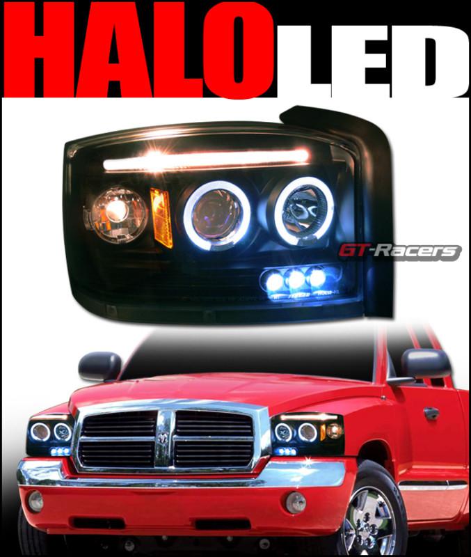 Blk drl led halo rims projector head lights lamps signal 2005-2007 dodge dakota