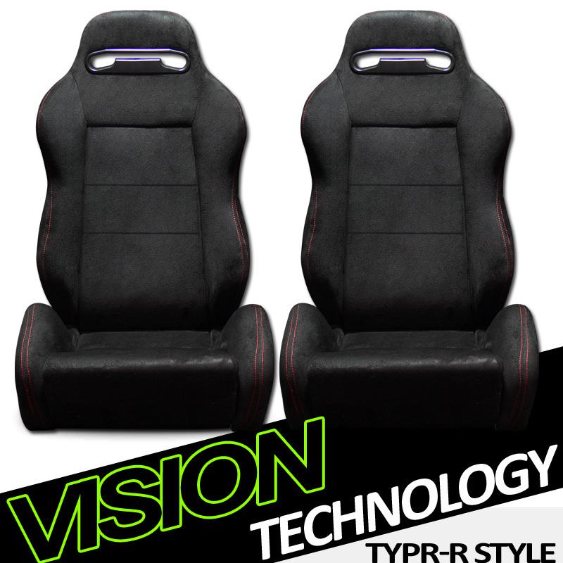 2x t-r type simulated suede blk & red stitch reclinable racing seats+sliders 38