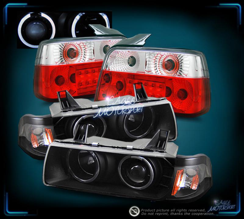 1992-1998 bmw e36 4dr blk halo projector headlights/red clear led tail lights