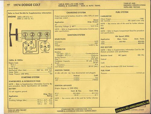 1974 dodge colt 1600 &amp; 2000 cc engine car sun electronic spec sheet
