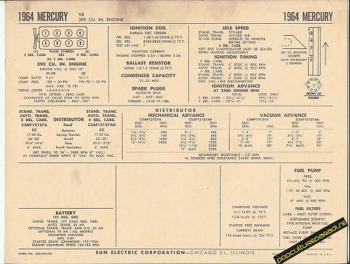 1964 mercury 390 ci v8 engine car sun electronic spec sheet