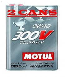 2 motul 300v trophy 0w-40 synthetic racing motor oil - 2 l can ea. - 103127 new