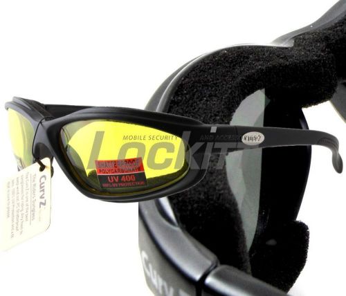 Curv-z foam insulated motorcycle skydive glasses black frame yellow lens 02-04