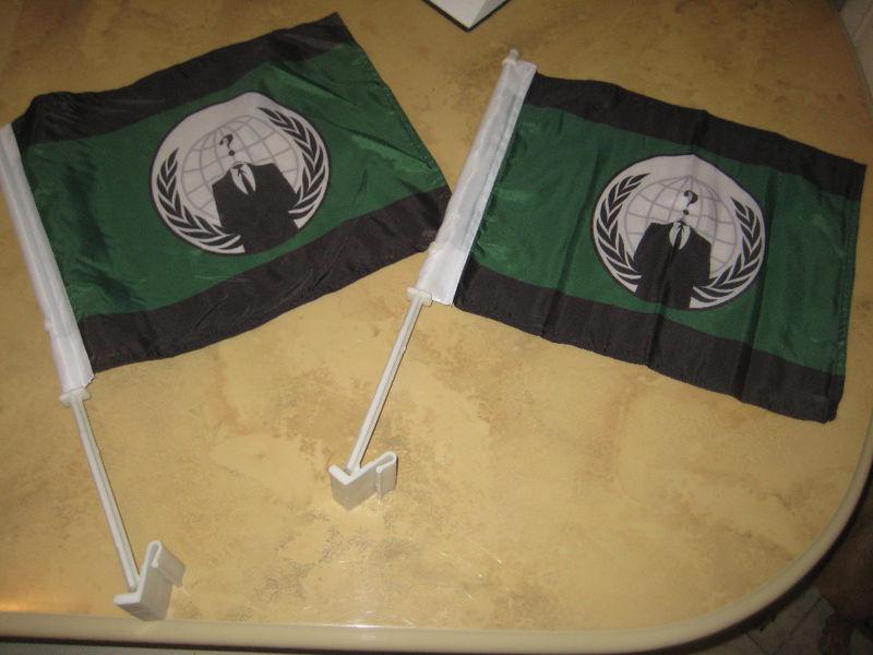 2 anonymous car or hand flag banners w pole  anon 4chan