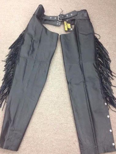 Hot leathers: black leather chaps with fringe and braided trimming, size: xxl