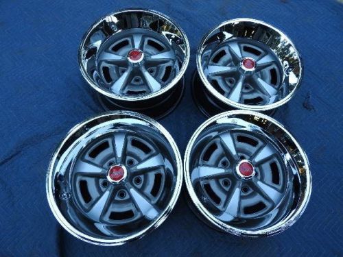Set 4 pontiac rally 11 15x7&#034;&amp; 15x8 wide new repro wheels  new rings &amp; red caps