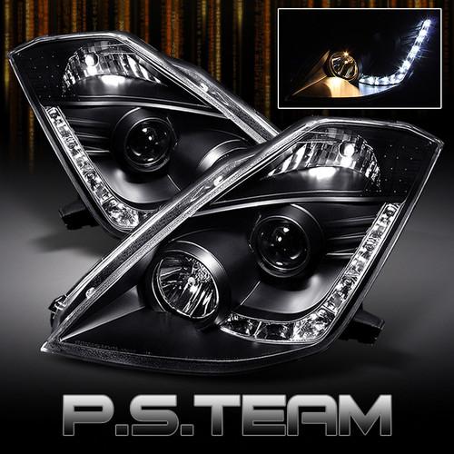 Black 03-05 nissan 350z z33 drl led strip projector headlights *fit hid-d2r*