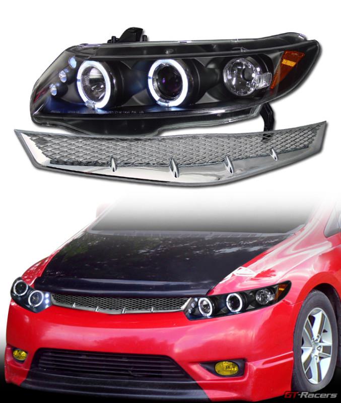 Blk halo led projector head lights signal am jy+mesh grill grille 06-08 civic 2d