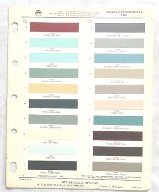 1961  lincoln  ppg  color paint chip chart all models  original