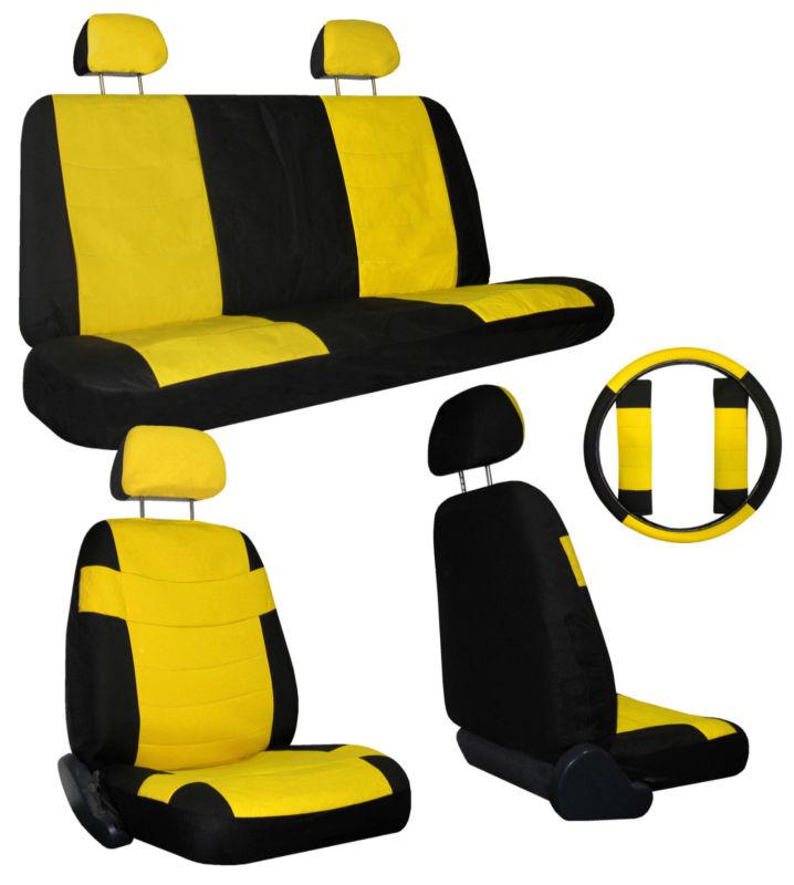 Yellow black car seat covers set w/ steering wheel cover & belt shoulder pads #1