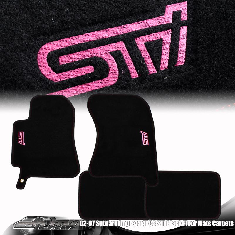 2002-2007 subaru impreza jdm 4 piece stitch black floor mats with pink as logo