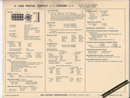 1969 pontiac tempest 330 hp/firebird 325 hp v8 350 car sun electronic spec sheet