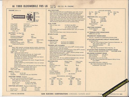 1969 oldsmobile f85 l6 155 hp / 250 ci engine car sun electronic spec sheet
