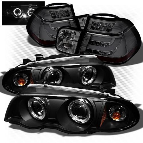 99-01 e46 3-series 4dr black pro headlights + smoked led tail lights w/led bar
