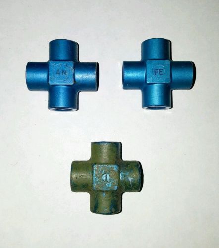 Lot of 3 an female 4 way cross fittings - blue anodized