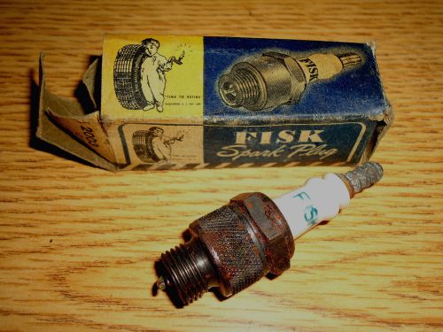 Fisk brand antique spark plug with box-boy w/ lamp &amp; tire-antique car tractor