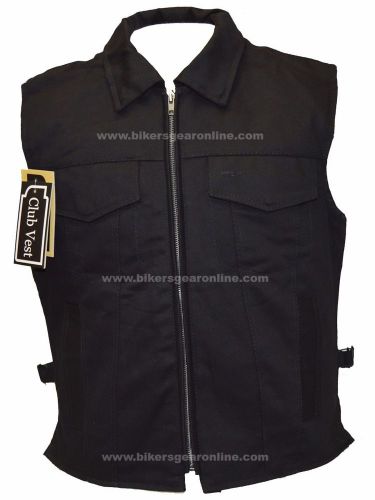 Men’s lightweight black denim motorcycle club vest with folded collar gun pocket