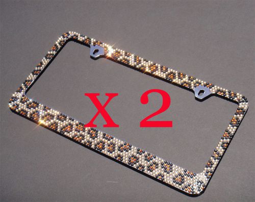 2 pcs 7 rows leopard bling diamond crystal metal license plate frame+free caps