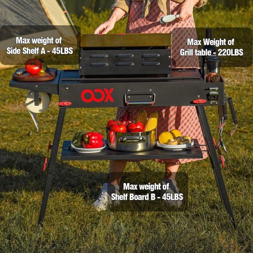 Oox portable grill table with double-shelf for outdoor prep,folding black