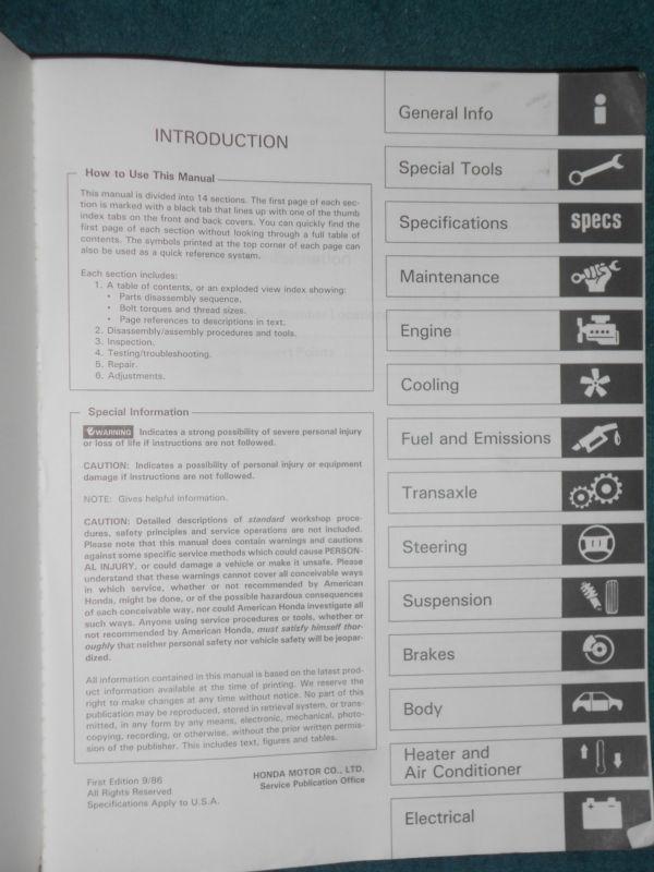 1987 HONDA ACCORD SHOP MANUAL / ORIGINAL HONDA SERVICE BOOK, US $34.50, image 3
