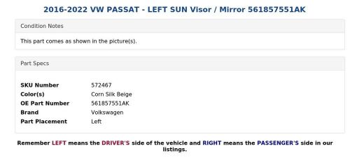 2016-2022 VW PASSAT - LEFT SUN Visor / Mirror 561857551AK, US $59.99, image 4