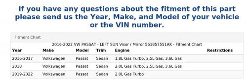 2016-2022 VW PASSAT - LEFT SUN Visor / Mirror 561857551AK, US $59.99, image 5