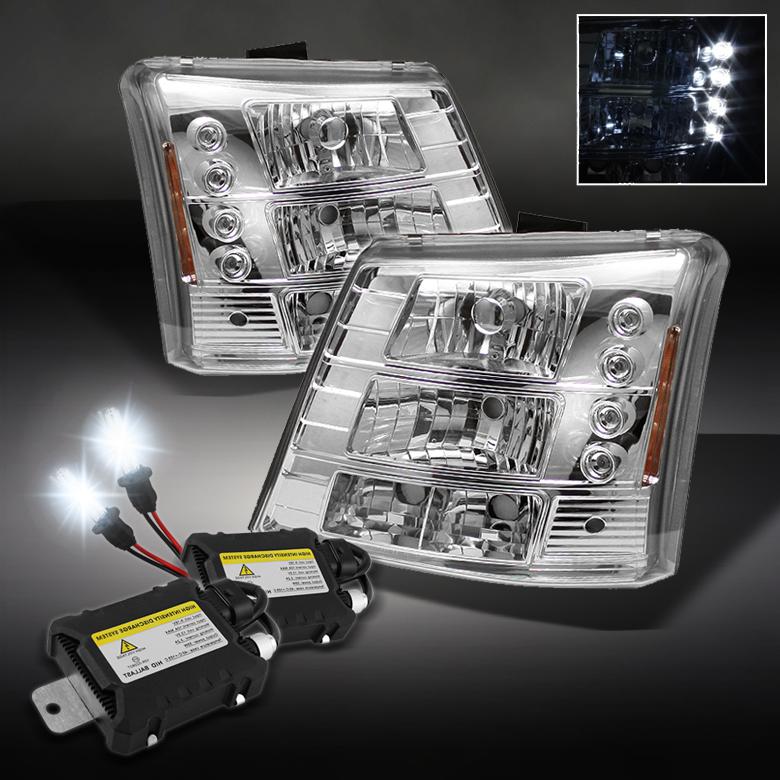 03-06 chevy silverado 03-05 avalanche 1pc chrome headlights + slim 6000k hid kit