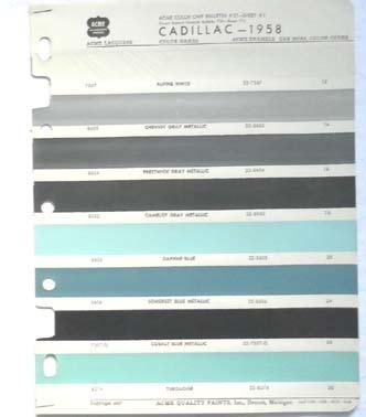 1958 cadillac acme color paint chip chart all models original 