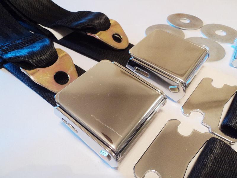 NEW CHROME VINTAGE STYLE BLACK SEAT BELTS MUSCLECAR HOTROD RESTOMOD GASSER KIT, US $69.95, image 2