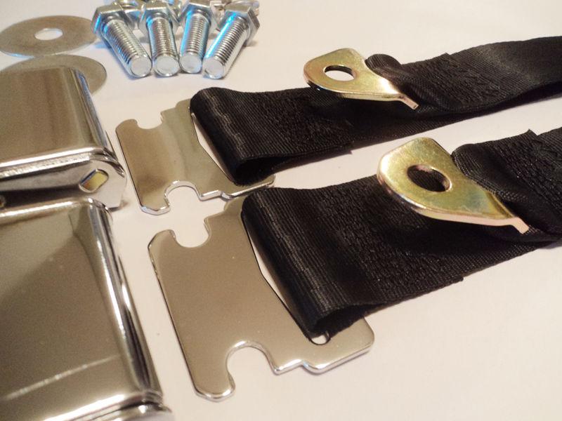 NEW CHROME VINTAGE STYLE BLACK SEAT BELTS MUSCLECAR HOTROD RESTOMOD GASSER KIT, US $69.95, image 3