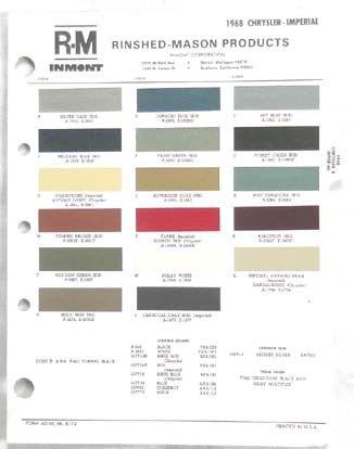 1968 chrysler and imperial r-m color paint chip chart all models original mopar
