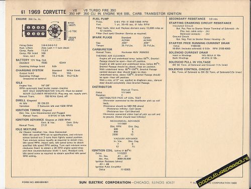 1969 chevrolet corvette v8 350 ci / 350 hp engine car sun electronic spec sheet